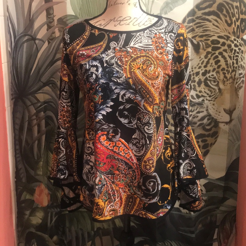 MSK STRIKING PAISLEY FLOWING BELL SLEEVE TUNIC SIZE SMALL